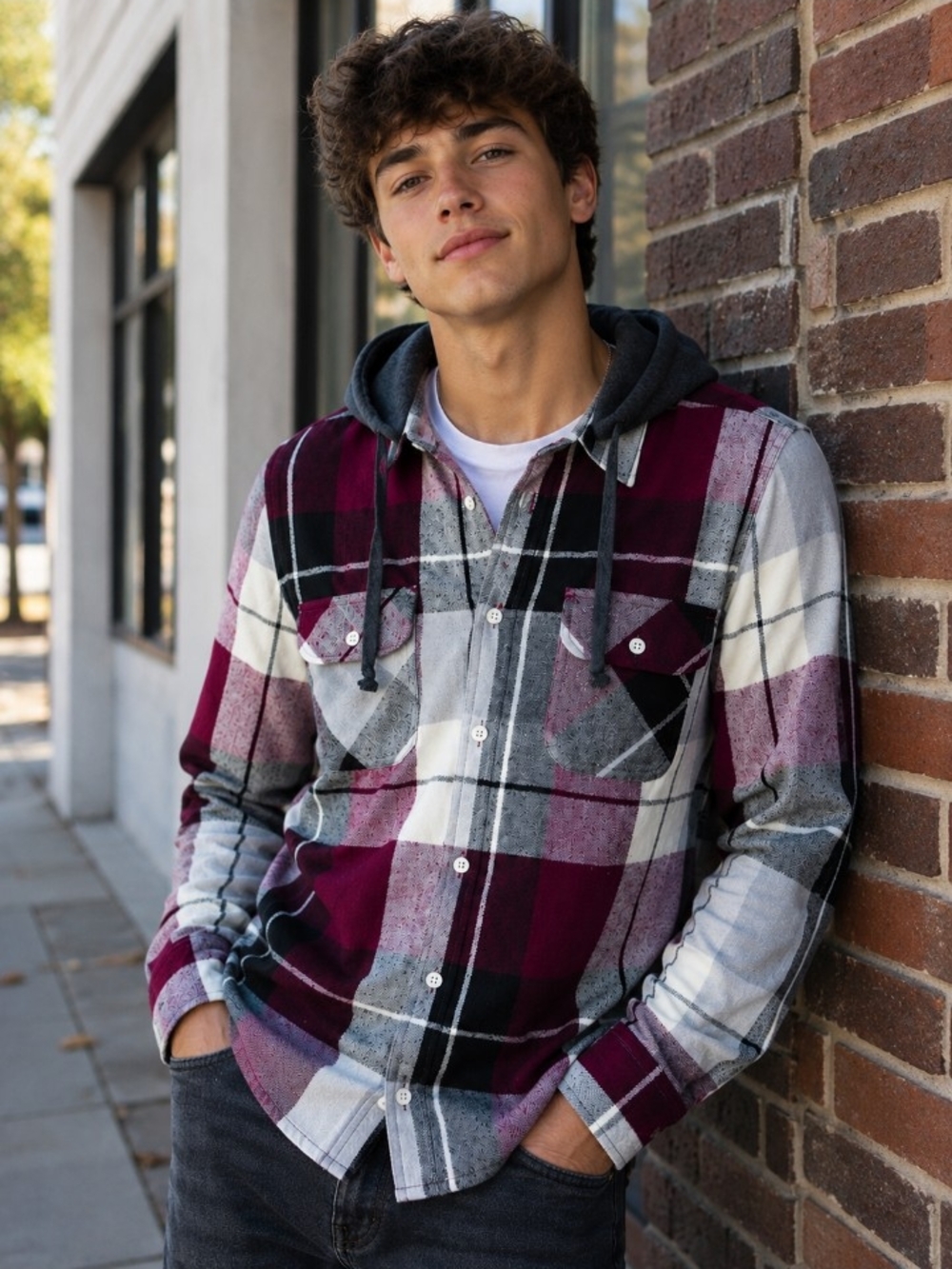 NWT. Free Planet. Men's Burgundy Plaid Hooded Flannel Shirt